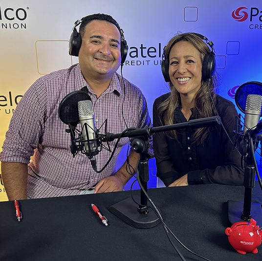 Patelco employees Michele Enriquez and Mel Murguia at the podcast desk